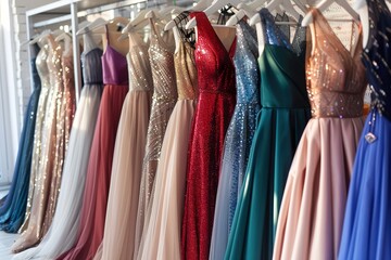 Elegant long formal dresses for sale in luxury modern shop boutique. Prom gown, wedding, evening