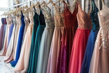 Elegant long formal dresses for sale in luxury modern shop boutique. Prom gown, wedding, evening