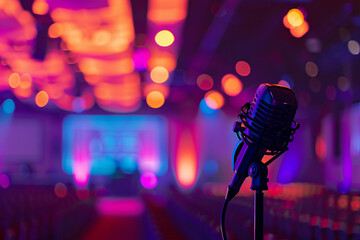 A detailed view of a microphone set against the vibrant backdrop of a conference hall 