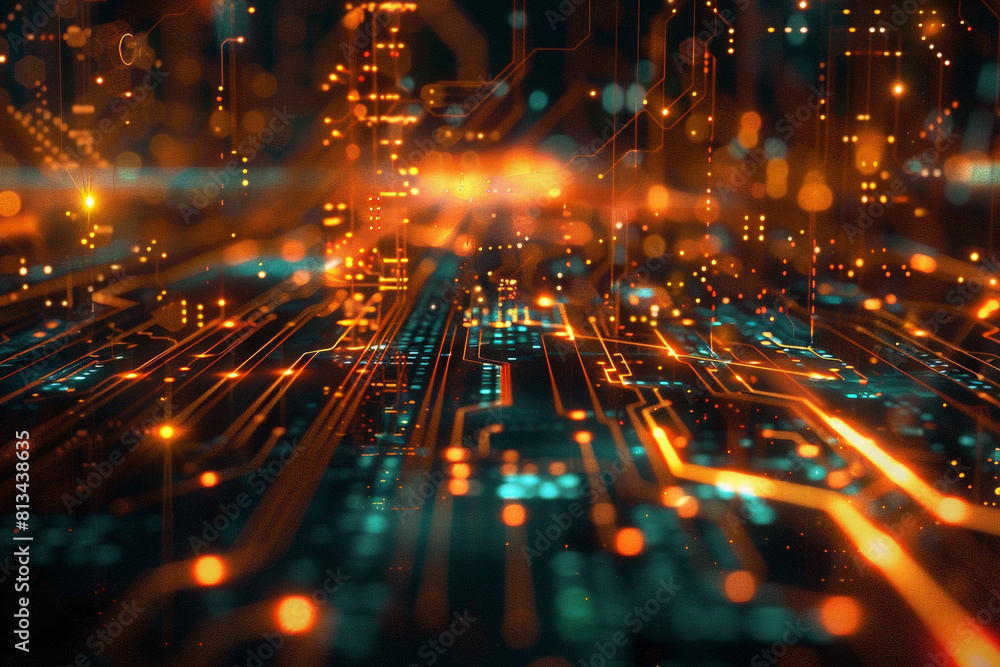 Aufkleber a digital background of illuminated circuitry, blending futuristic technology with dynamic geometric