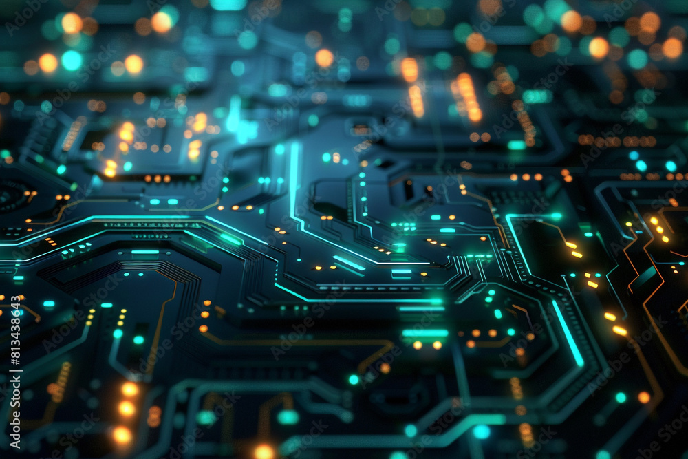 Aufkleber a digital background of illuminated circuitry, blending futuristic technology with dynamic geometric
