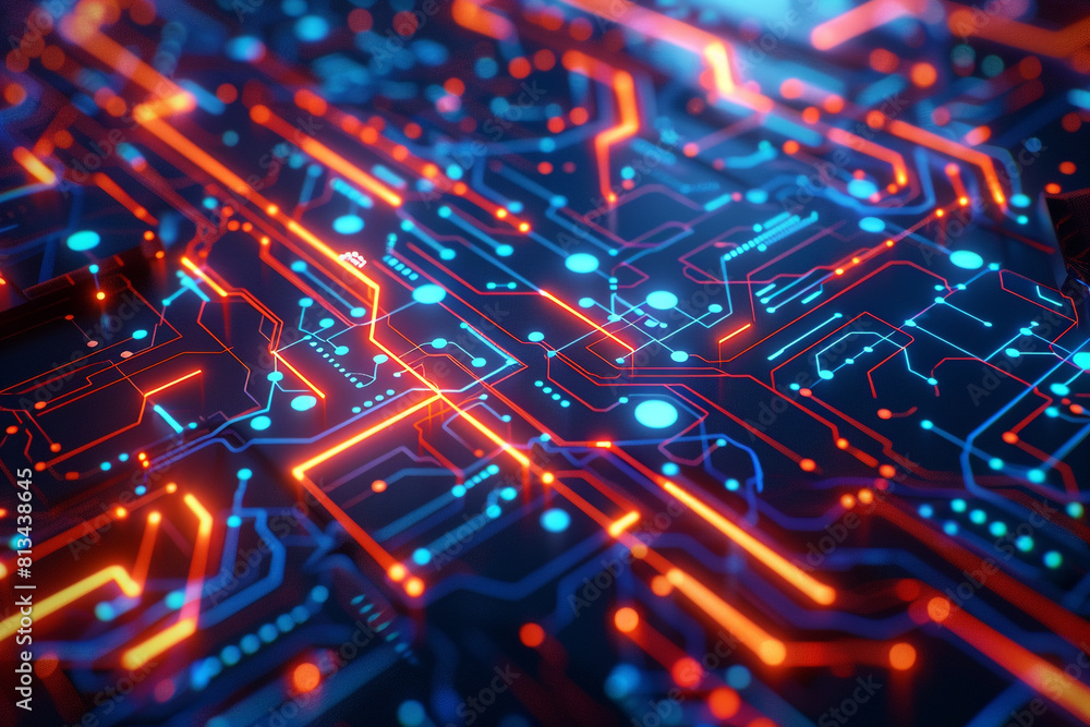 Aufkleber a digital background of illuminated circuitry, blending futuristic technology with dynamic geometric