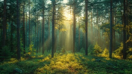 Fototapeta premium Serene Forest with Pine and Sequoia Trees bathed in Sunlight