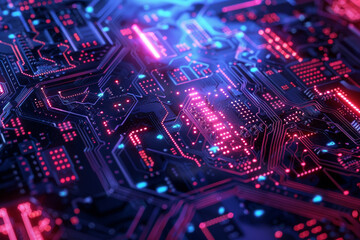 Fototapeta premium A digital background of illuminated circuitry, blending futuristic technology with dynamic geometric shapes 