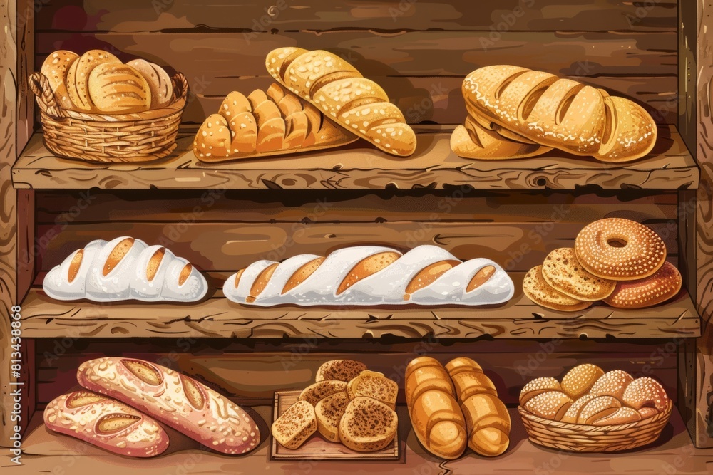 Poster a wooden shelf displays a variety of freshly baked breads, showcasing the craftsmanship and selectio