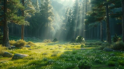 Obraz premium Serene Forest with Pine and Sequoia Trees bathed in Sunlight