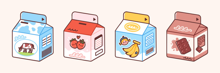 Flavored milk cartons. Vector illustration of banana, strawberry and chocolate milk in cute packaging. Sweet beverage for kids in colorful flat style.