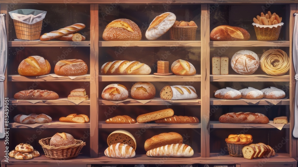 Aufkleber An assortment of freshly baked breads and pastries displayed on a rustic wooden shelf, tempting viewers with their delicious aromas and inviting textures. Generative AI