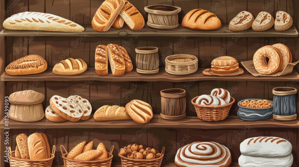 Poster a wooden shelf displaying an assortment of freshly baked bread loaves, rolls, and pastries in a rust