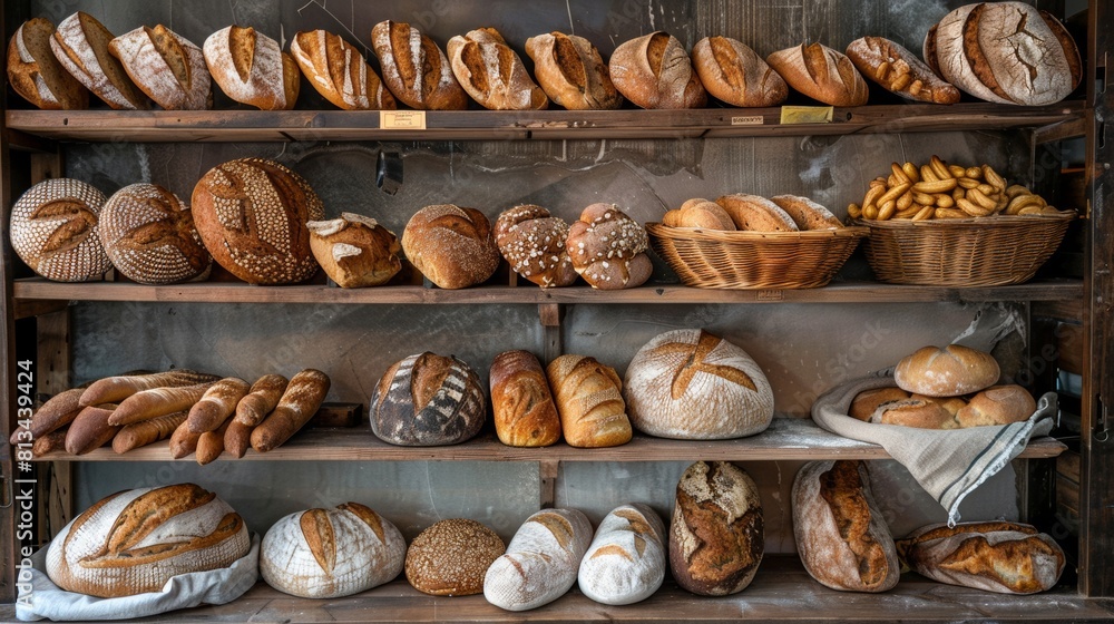 Poster a display of various types of fresh bread delicately arranged on shelves in a bakery, showcasing the