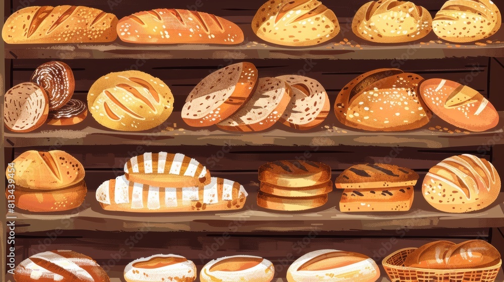 Poster rows of freshly baked bread are neatly displayed on wooden shelves in a cozy bakery, inviting custom