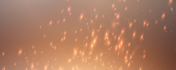 Burning hot sparks effect with embers burning ash and smoke flying in the air. Burning glowing particles. Flame of fire with sparks isolated on a black transparent background. Flame png. © Александр Боярин