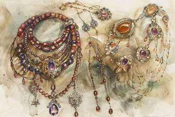 A drawing of a bunch of necklaces and earrings 