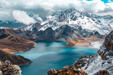 Obraz premium a fantastic view of a snowcapped mountain range with a lake surrounded by snowcapped mountains and a cloudy sky in the background