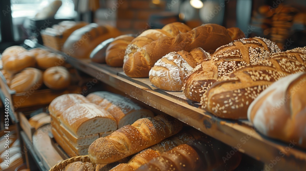 Aufkleber A wide array of freshly baked breads from different cultures and traditions are elegantly displayed on a shelf in a charming bakery. Generative AI