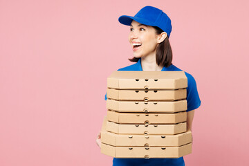 Delivery employee woman wear blue cap t-shirt uniform workwear work as dealer courier hold pizza in...