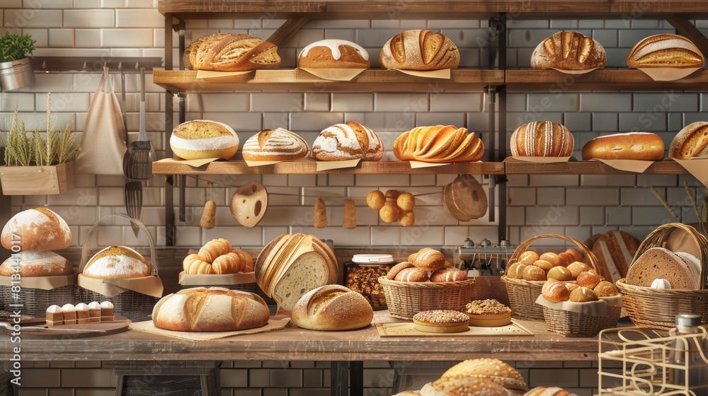 Poster a bakery display showcases a variety of fresh bread, inviting customers to indulge in the art of bak
