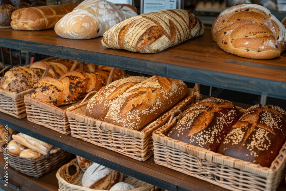 Poster a variety of freshly baked breads on display at a vibrant bakery, inviting customers with their deli