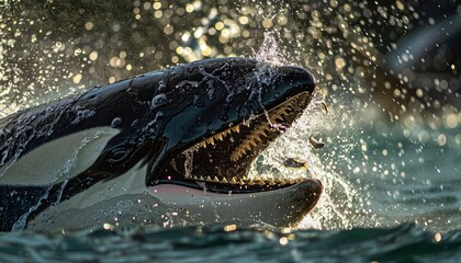 A dramatic closeup of an orcas mouth as it captures small fish, highlighting its powerful jaws and the dynamic water movement