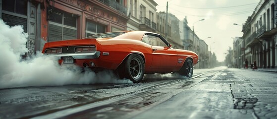 In a display of raw power, a red performance car burns rubber on a deserted urban street, smoke engulfing the area as its tires scream against the pavement  8K , high-resolution, ultra HD,up32K HD
