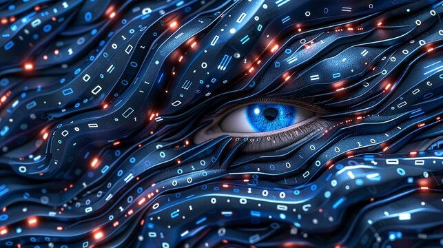 A seamless fusion of binary code and deep blue circuits creates a highprecision tech art piece that captures the imagination with its intricate patterns