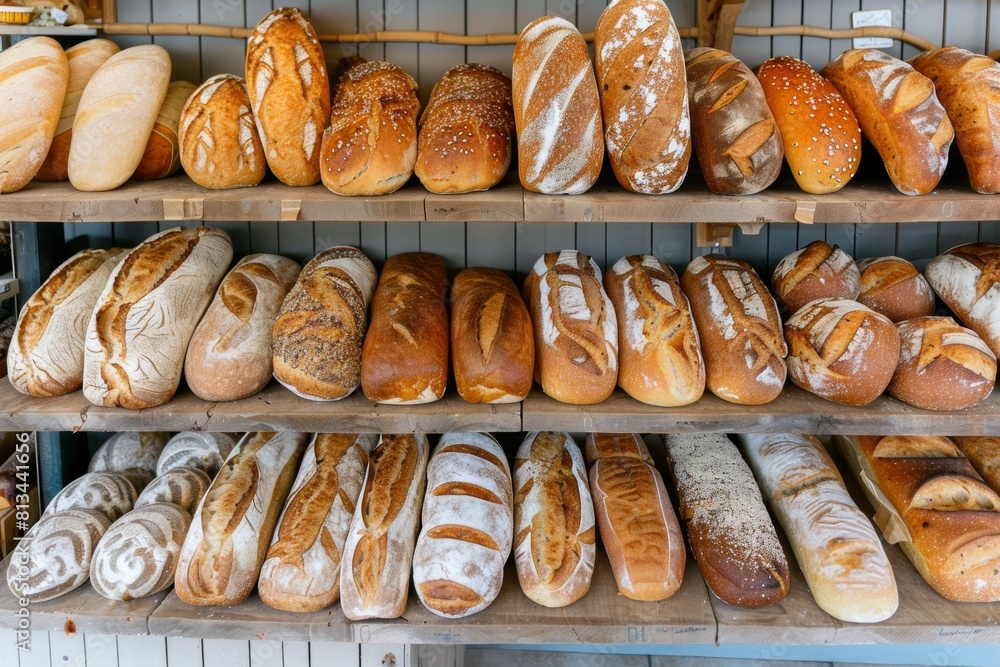 Poster An abundance of various types of freshly baked bread displayed on shelves in a vibrant bakery setting. Generative AI