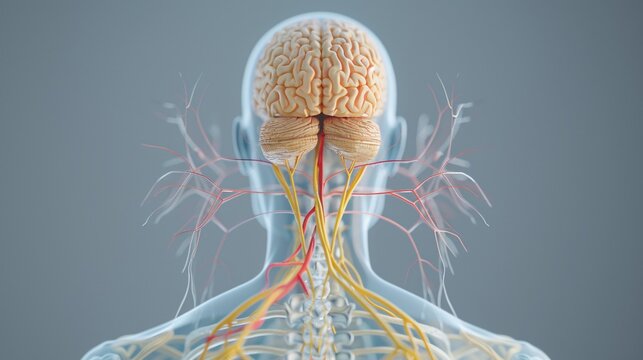 A 3D representation of the human brain's nervous system featuring illustrations of parasympathetic and sympathetic nerves.