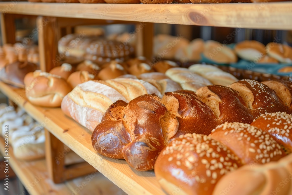 Poster A diverse array of fresh bread on display at a bakery, showcasing a rich assortment of textures, flavors, and shapes, to entice customers. Generative AI
