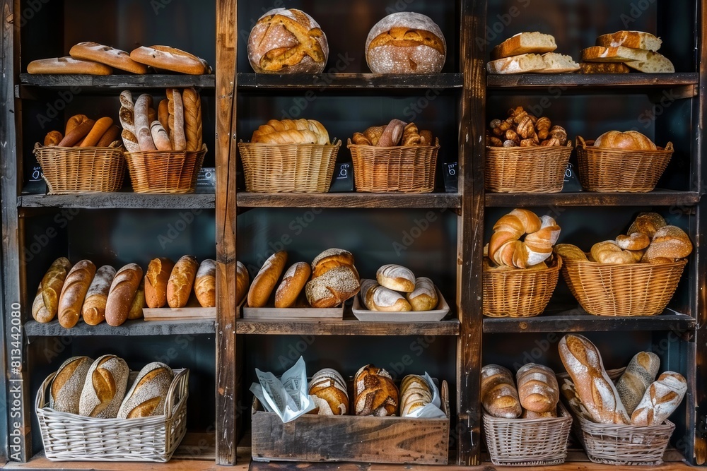 Aufkleber A vibrant array of freshly baked bread displayed in baskets on a bakery shelf, creating a welcoming atmosphere for customers. Generative AI