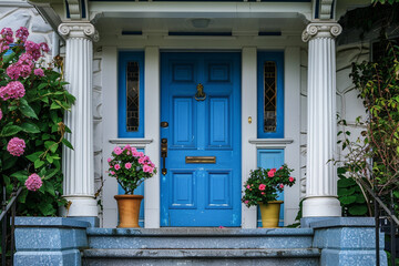 A front entrance of a home with a blue door