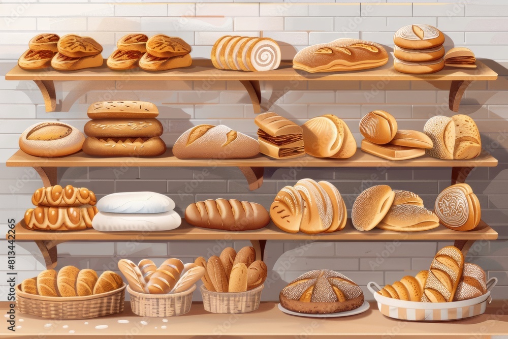 Aufkleber A wide array of fresh bread loaves of different shapes, sizes, and textures neatly displayed on shelves in a bakery. Generative AI