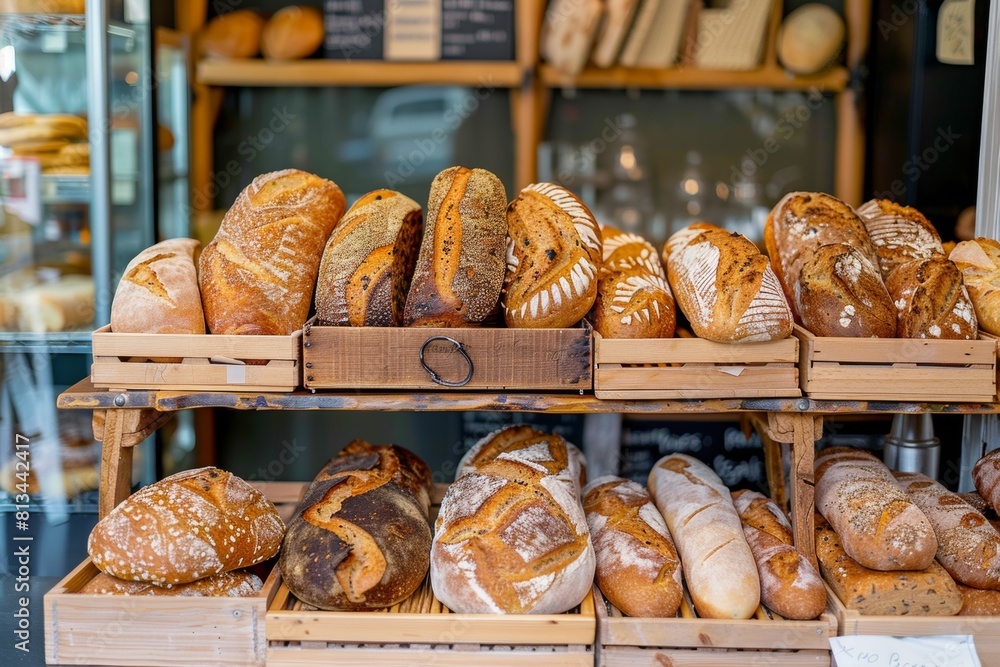 Poster a bountiful assortment of fresh bread on display in a bakery, showcasing the diverse range of flavor
