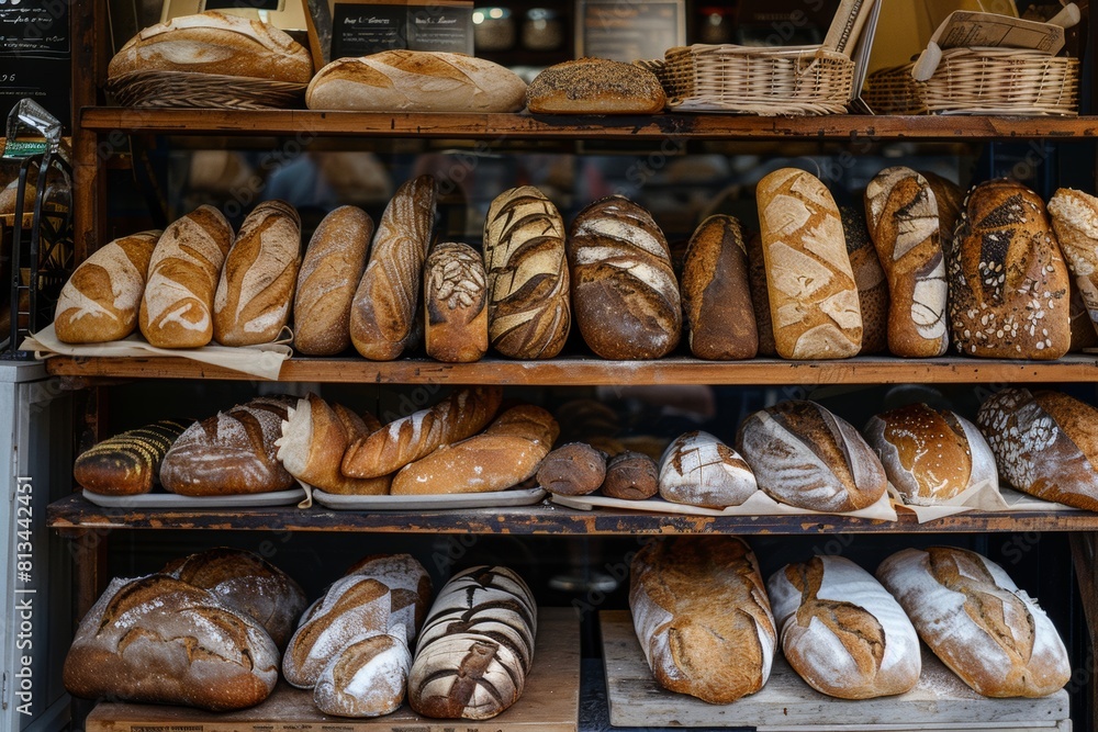 Aufkleber A diverse array of artisan bread displayed on shelves in a welcoming bakery setting. Generative AI