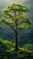 Obraz premium Majestic Solitary Tree Stands Tall in Lush Green Mountain Landscape