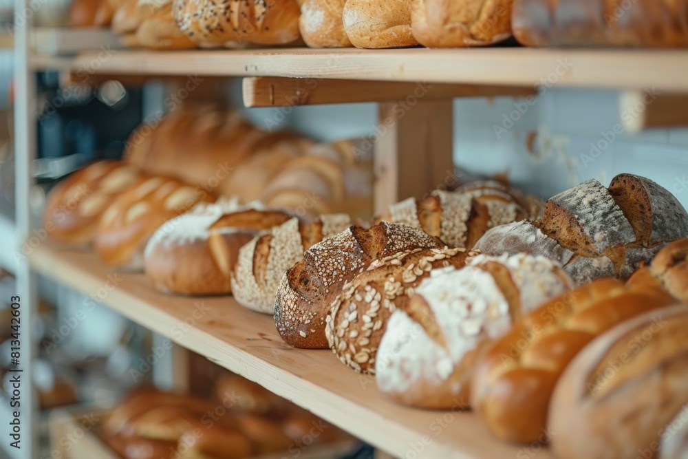 Aufkleber Shelves in a bakery filled with a colorful array of freshly baked bread, showcasing the variety and abundance of delicious options available. Generative AI