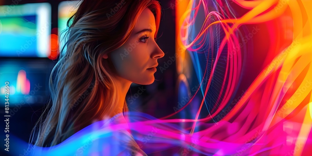 Poster optimizing data analysis with seo charts, graphs, and neon screen insights. concept data analysis, s