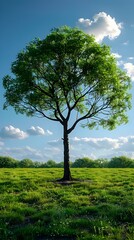 Obraz premium Majestic Green Tree Stands Tall in Verdant Outdoor Landscape with Fluffy Clouds and Bright Sunlight