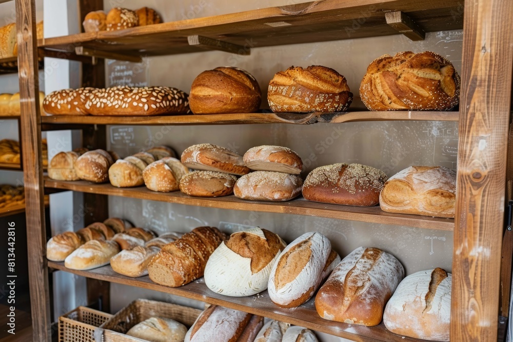 Poster a colorful array of freshly baked bread loaves, baguettes, rolls, and pastries artfully displayed on