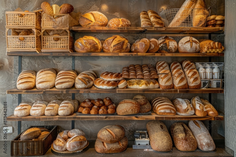Poster diverse selection of fresh bread displayed on shelves inside a vibrant bakery. generative ai