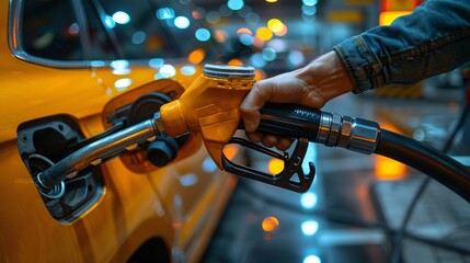 A detailed shot of a motorist's hand refilling premium fuel at a self-service petrol station in Europe. Superior image.