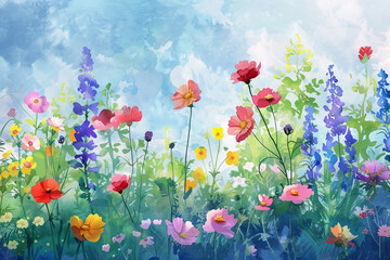 Fototapeta premium A garden scene filled with variety of blooming flowers in watercolor style , cartoon drawing, water color style 
