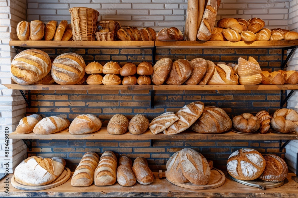 Poster a variety of freshly baked bread is neatly arranged on shelves at a bakery, showcasing a beautiful d