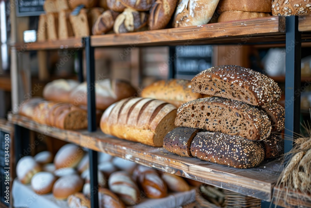 Aufkleber A colorful array of various types of bread displayed enticingly on shelves in a bakery. Generative AI