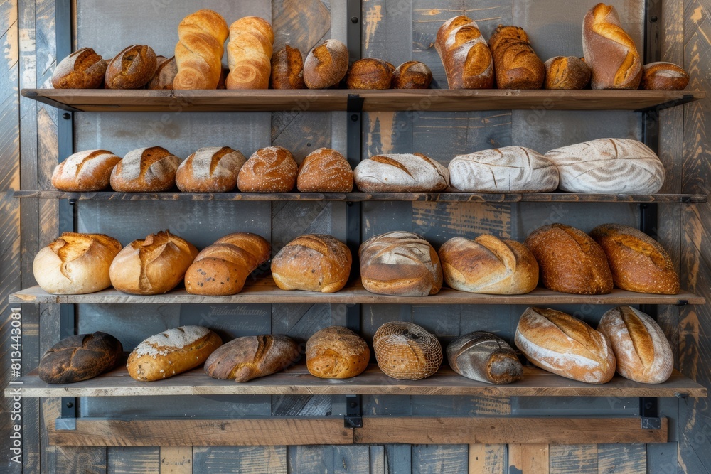 Poster freshly baked bread of various types are beautifully displayed on shelves inside a bakery, enticing 
