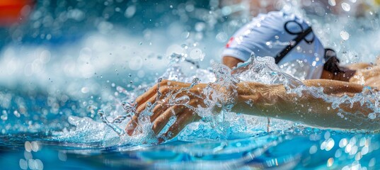 Swimmer s precise breaststroke technique at summer olympics  hands entering water close up