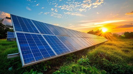Solar panels in a power plant, arranged neatly against a stunning natural landscape under a clear sky, bright lighting illuminating them