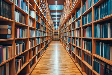 A long aisle of bookshelves with a lot of books on them