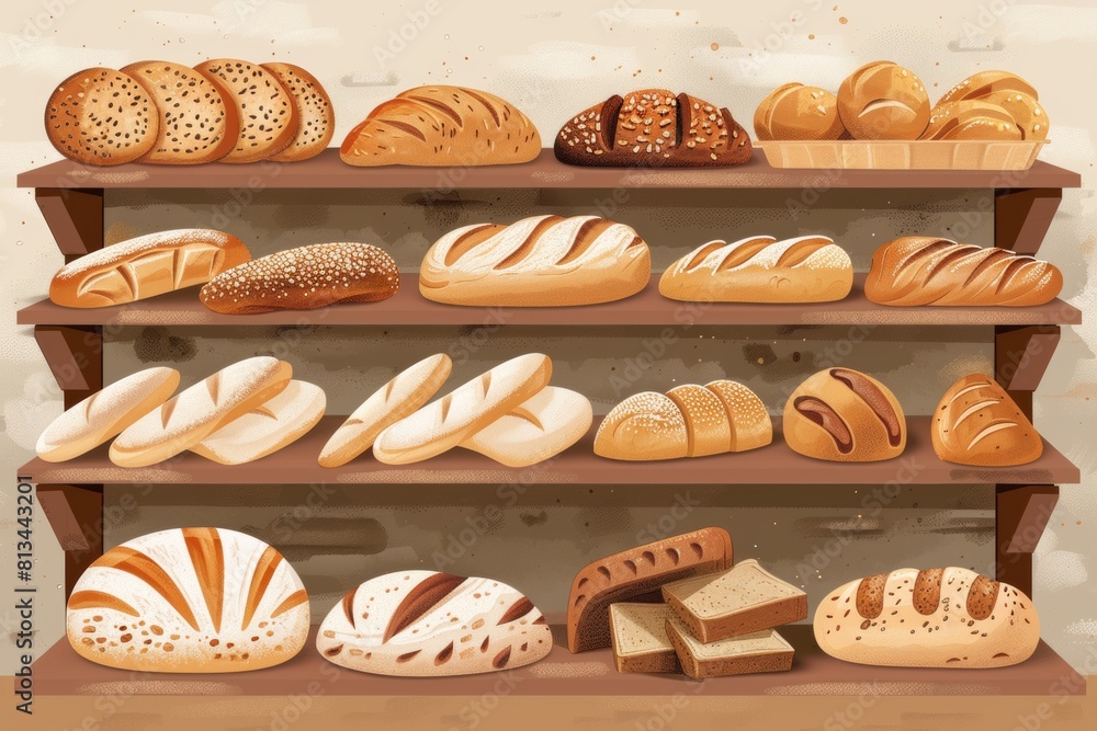 Poster A bakery shelf adorned with an array of freshly baked breads and pastries, enticing customers with their tempting aromas and exquisite textures. Generative AI
