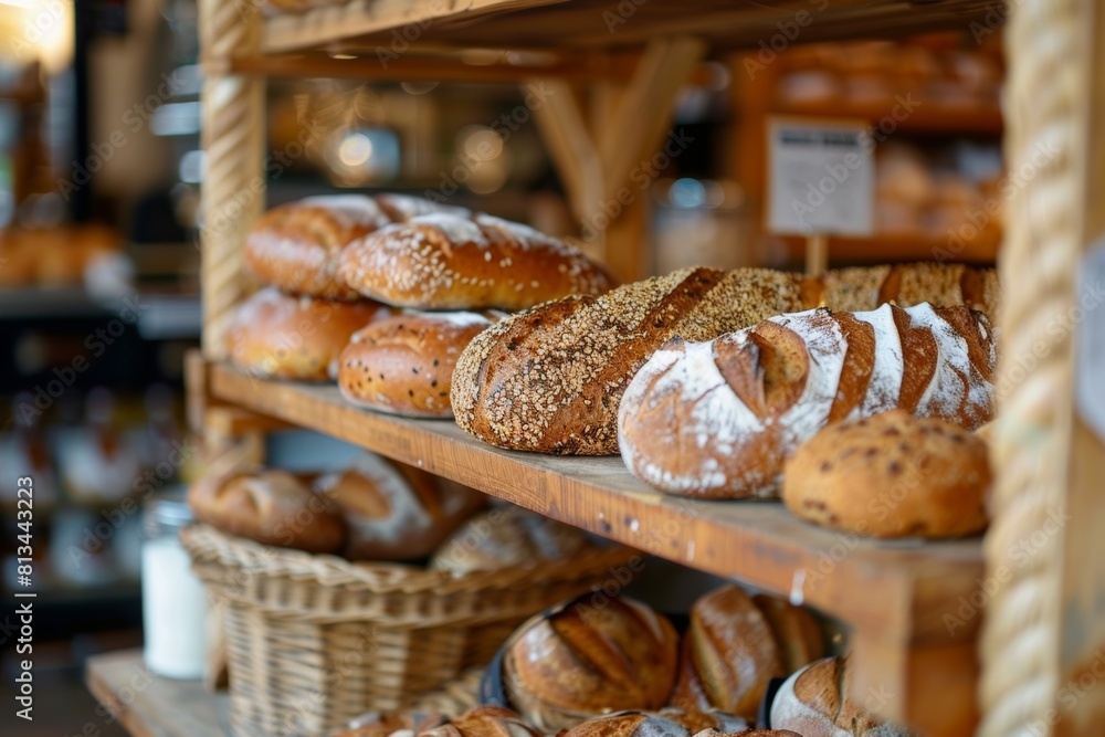 Poster a colorful assortment of freshly baked bread of different shapes, sizes, and textures beautifully di
