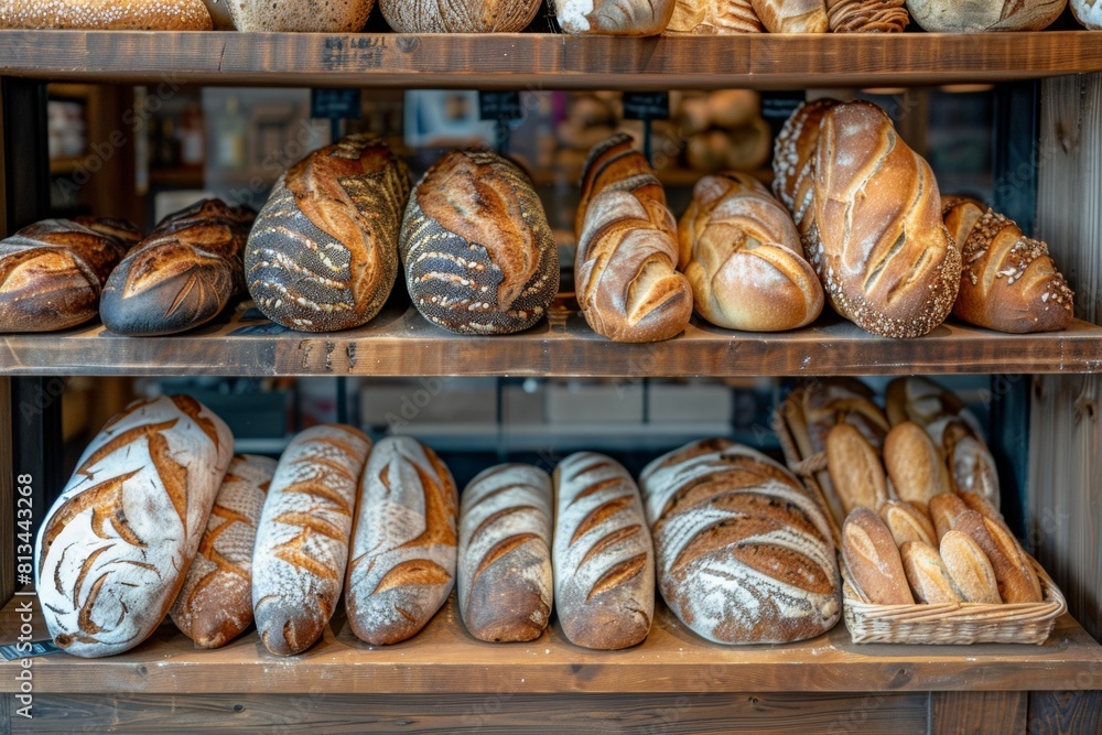 Poster a multitude of bread varieties beautifully arranged on display at a bakery, showcasing the diversity